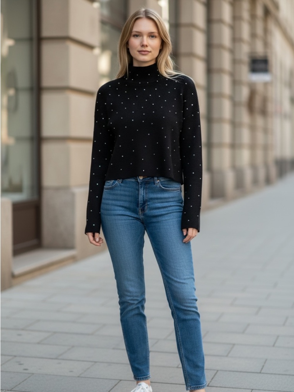 Zara Knit Studded Mock Neck Sweater in Black Silver Size Medium